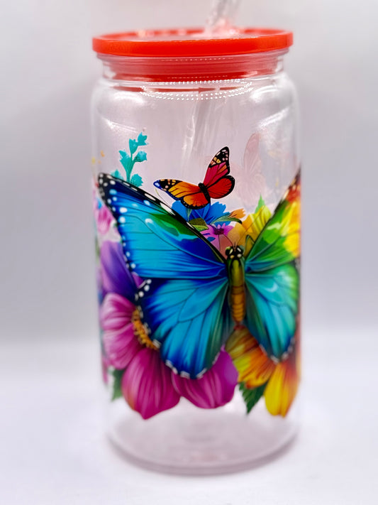 Colorful Butterfly and Flowers Acrylic Can Cup